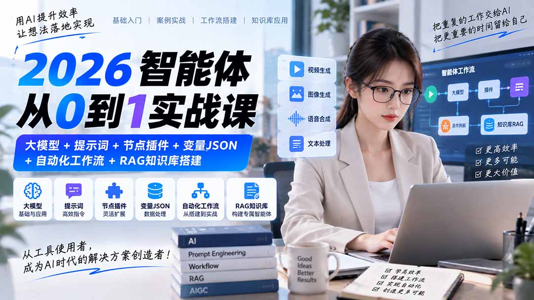 2026智能体从0到1实战课｜大模型+提示词+节点插件+变量JSON+自动化工作流+RAG知识库搭建网赚项目-副业赚钱-互联网创业-资源整合老八网赚资源
