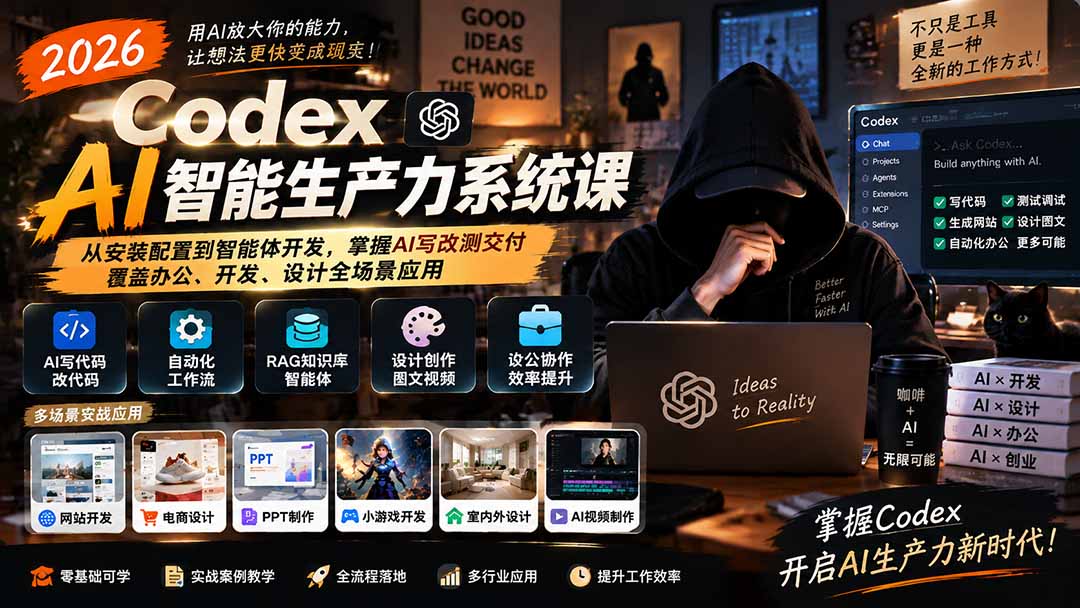 2026 Codex AI智能生产力系统课-更新｜从安装配置到智能体开发，掌握AI写改测交付，覆盖办公、开发、设计全场景应用网赚项目-副业赚钱-互联网创业-资源整合老八网赚资源