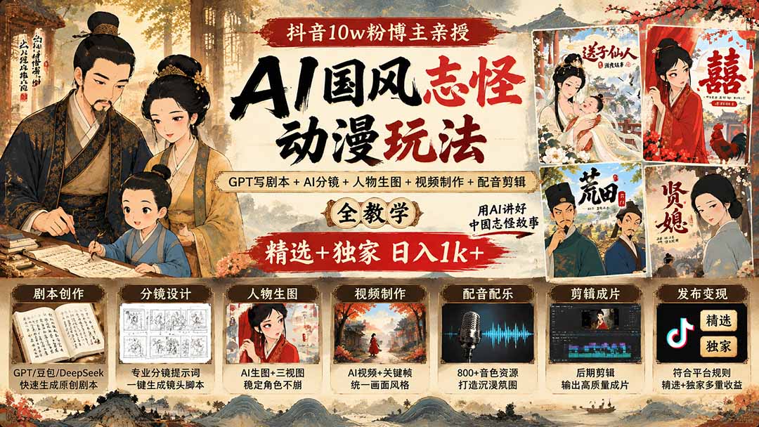 抖音10w粉博主亲授AI国风志怪动漫玩法｜GPT写剧本+AI分镜+人物生图+视频制作+配音剪辑全教学｜精选+独家日入1k+网赚项目-副业赚钱-互联网创业-资源整合老八网赚资源