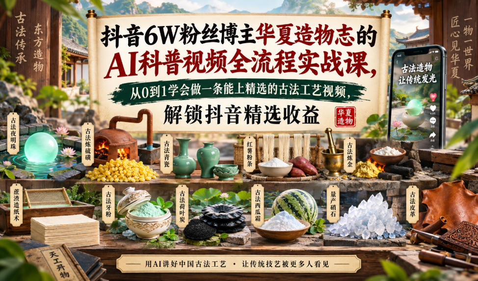 抖音6W粉丝博主华夏造物志的AI科普视频全流程实战课，从0到1学会做一条能上精选的古法工艺视频，解锁抖音精选收益网赚项目-副业赚钱-互联网创业-资源整合老八网赚资源