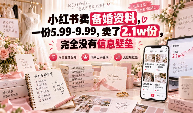 小红书卖备婚资料，一份5.99-9.99，卖了2.1w份，完全没有信息壁垒网赚项目-副业赚钱-互联网创业-资源整合老八网赚资源