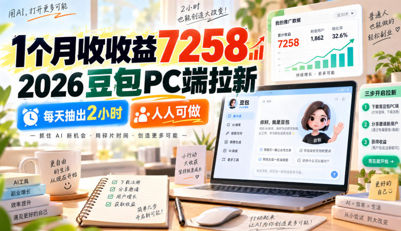 1个月收收益7258，2026豆包PC端拉新，每天抽出2小时，人人可做网赚项目-副业赚钱-互联网创业-资源整合老八网赚资源