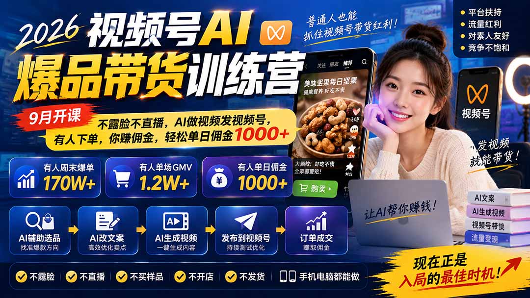 2026视频号AI爆品带货训练营-9月开课｜不露脸不直播，AI做视频发视频号，有人下单，你赚佣金，轻松单日佣金1000+网赚项目-副业赚钱-互联网创业-资源整合老八网赚资源