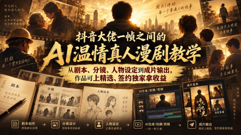 抖音大佬一帧之间的AI温情真人漫剧教学，从剧本、分镜、人物设定到成片输出，作品可上精选、签约独家拿收益网赚项目-副业赚钱-互联网创业-资源整合老八网赚资源