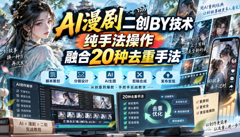 AI漫剧二创搬运技术，纯手法操作，融合20种去重手法网赚项目-副业赚钱-互联网创业-资源整合老八网赚资源
