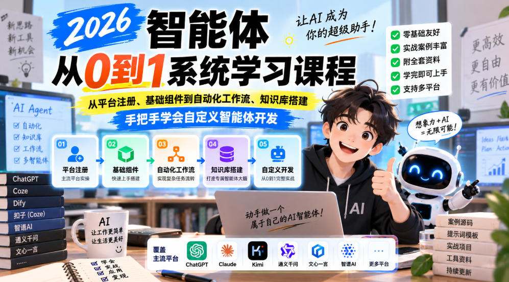2026智能体从0到1系统学习课程，从平台注册、基础组件到自动化工作流、知识库搭建，手把手学会自定义智能体开发网赚项目-副业赚钱-互联网创业-资源整合老八网赚资源