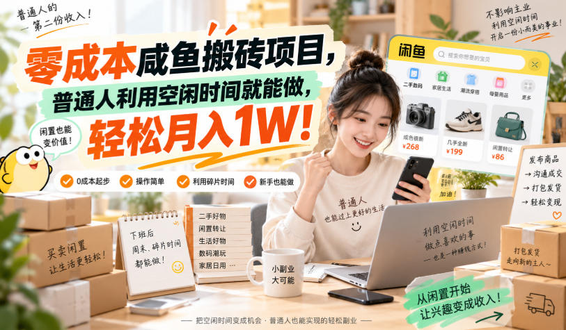 零成本咸鱼搬砖项目，普通人利用空闲时间就能做，轻松月入1W！【揭秘】网赚项目-副业赚钱-互联网创业-资源整合老八网赚资源