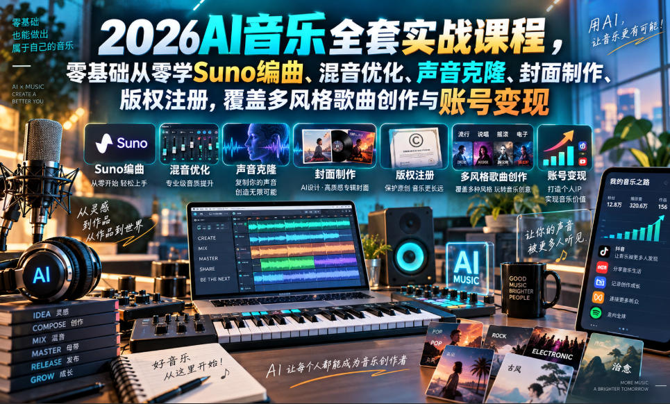 2026AI音乐实战课程，零基础从零学Suno编曲、混音优化、声音克隆、版权注册，覆盖多风格歌曲创作与账号变现网赚项目-副业赚钱-互联网创业-资源整合老八网赚资源