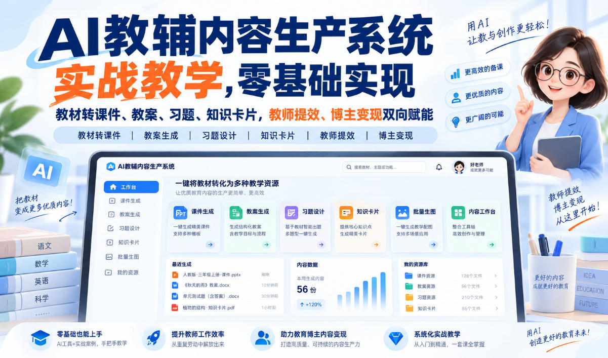 AI教辅内容生产系统实战教学，零基础实现教材转课件、教案、习题、知识卡片，教师提效、博主变现双向赋能网赚项目-副业赚钱-互联网创业-资源整合老八网赚资源