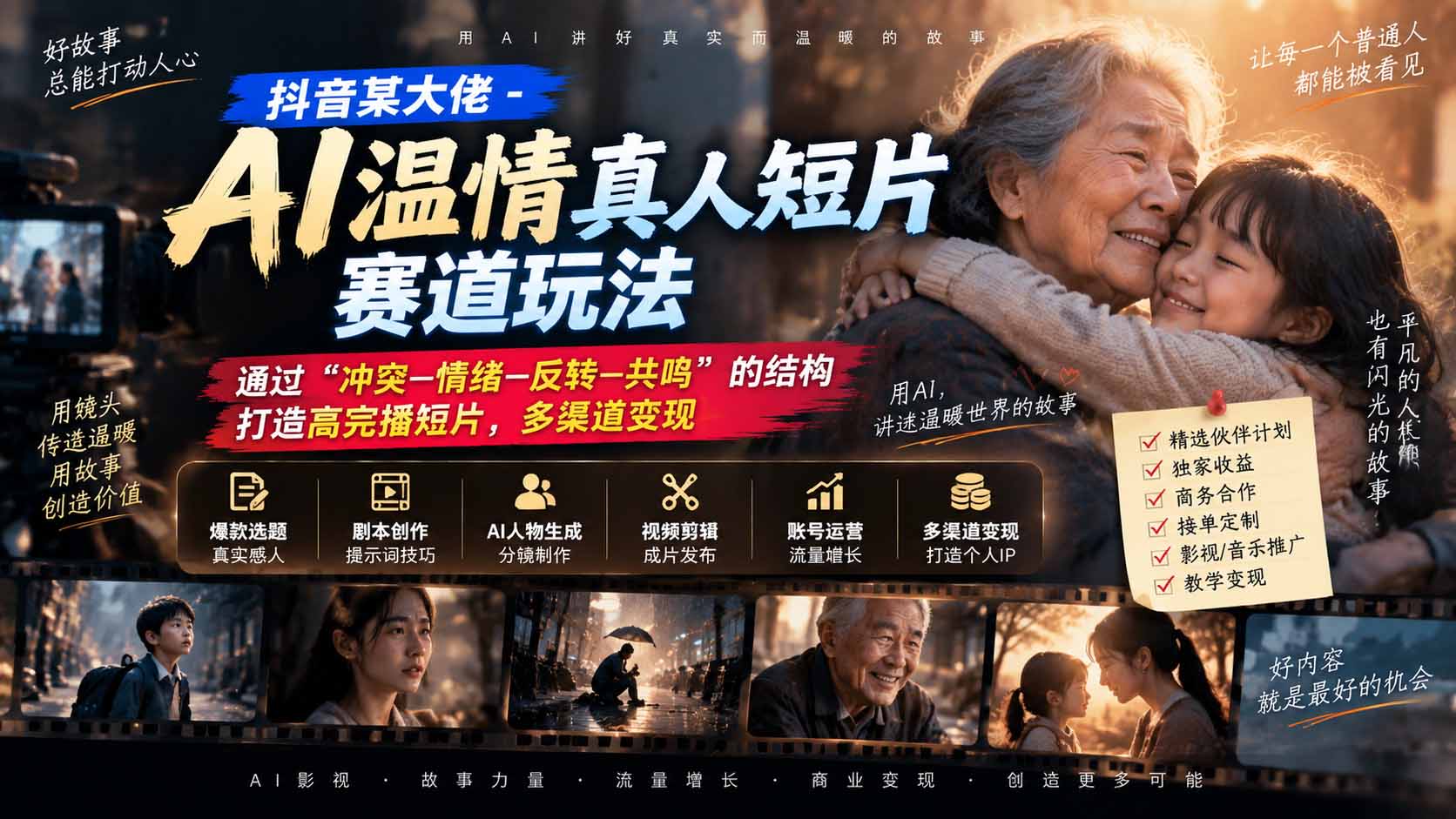抖音某大佬-AI温情真人短片赛道玩法：通过“冲突—情绪—反转—共鸣”的结构打造高完播短片，多渠道变现网赚项目-副业赚钱-互联网创业-资源整合老八网赚资源