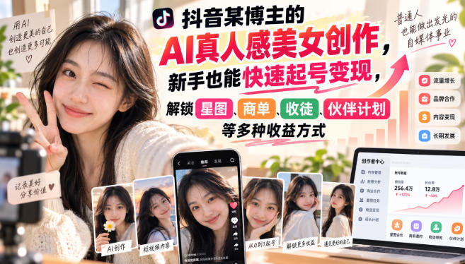 01473549ccc1a103934472ac2eefc6a2.jpeg 抖音某博主的AI真人感美女创作,新手也能快速起号变现,解锁星图,商单,收徒,伙伴计划等多种收益方式