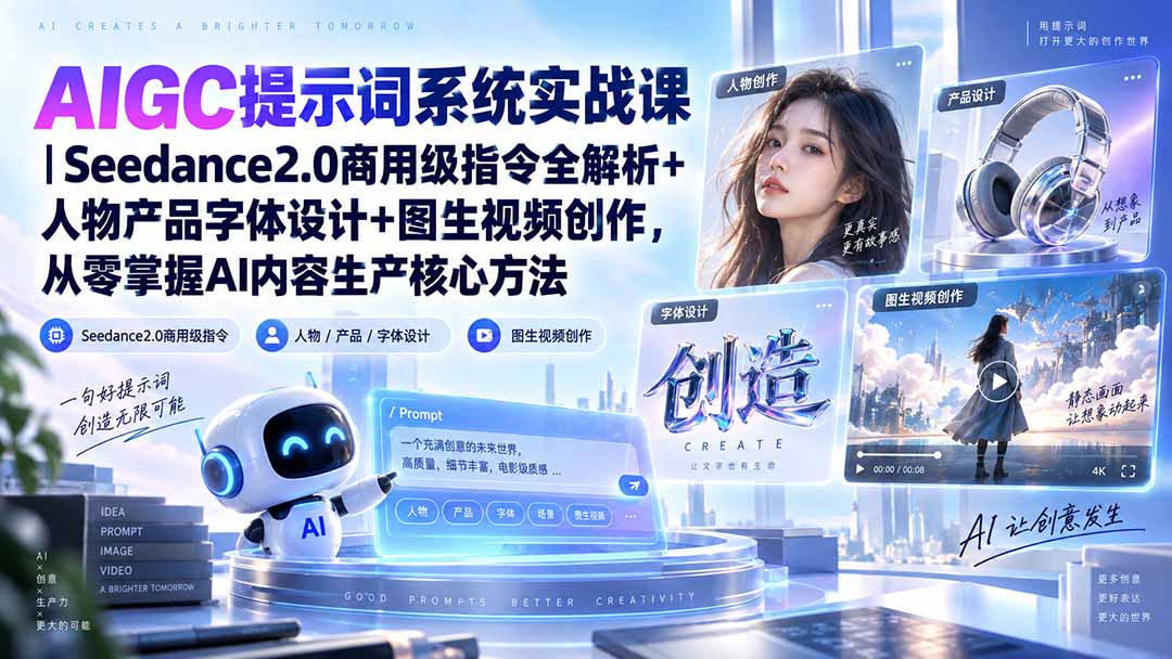 AIGC提示词系统实战课-无水印｜Seedance2.0商用级指令全解析+人物产品字体设计+图生视频创作，掌握AI内容生产方法网赚项目-副业赚钱-互联网创业-资源整合老八网赚资源