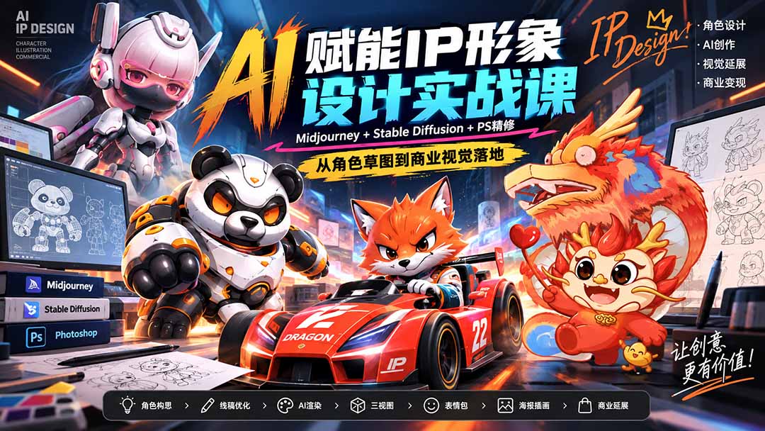 AI赋能IP形象设计实战课-无水印：Midjourney+Stable Diffusion+PS精修，从角色草图到商业视觉落地网赚项目-副业赚钱-互联网创业-资源整合老八网赚资源