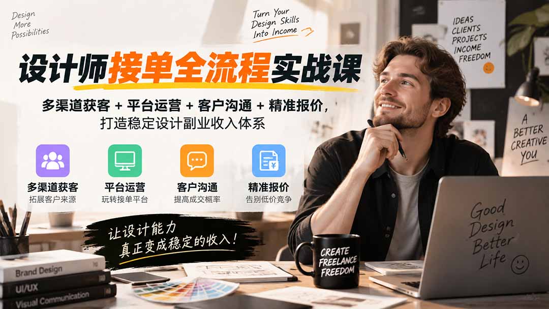 设计师接单全流程实战课-无水印｜多渠道获客+平台运营+客户沟通+精准报价，打造稳定设计副业收入体系网赚项目-副业赚钱-互联网创业-资源整合老八网赚资源
