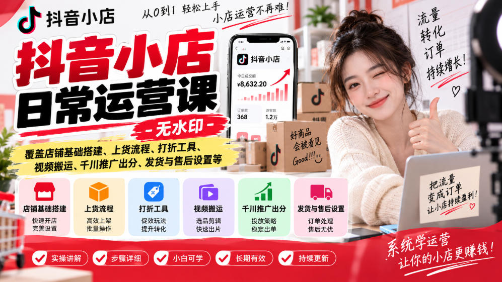 4c26e461ad9c198a0d3087f1c2ff2a79.jpeg 抖音小店日常运营课-无水印,覆盖店铺基础搭建、上货流程、打折工具、视频搬运、千川推广出分、发货与售后设置等