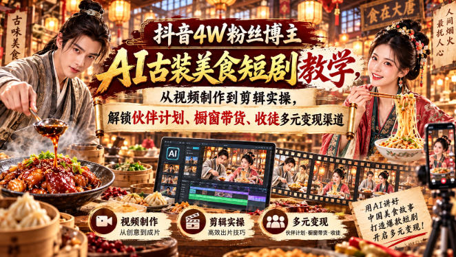 抖音4W粉丝博主AI古装美食短剧教学，从视频制作到剪辑实操，解锁伙伴计划、橱窗带货、收徒多元变现渠道网赚项目-副业赚钱-互联网创业-资源整合老八网赚资源