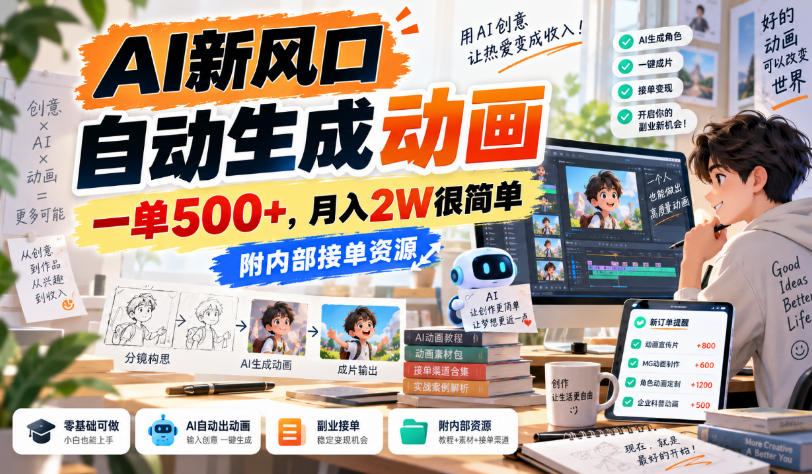 AI新风口，自动生成动画，一单500+，月入2W很简单，附内部接单资源【揭秘】网赚项目-副业赚钱-互联网创业-资源整合老八网赚资源