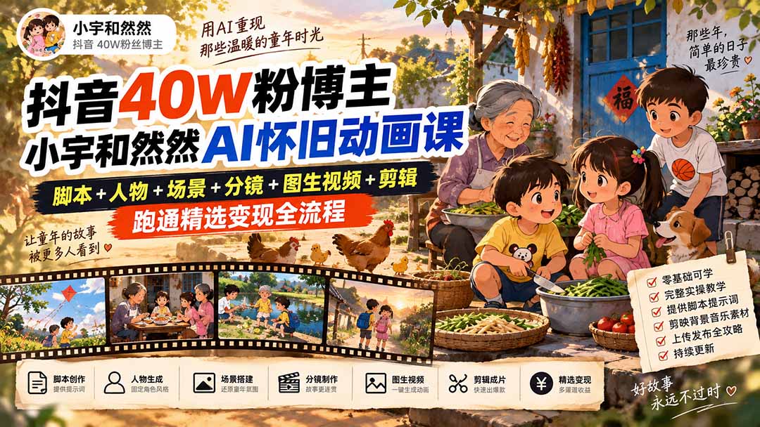 抖音40W粉博主小宇和然然AI怀旧动画课|脚本+人物+场景+分镜+图生视频+剪辑,跑通精选变现全流程网赚项目-副业赚钱-互联网创业-资源整合老八网赚资源