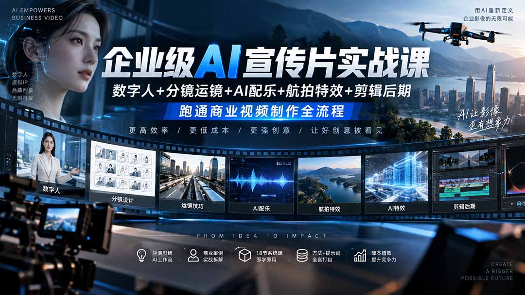 7469e0d0691291929c219aeeac9e6489.jpeg 企业级AI宣传片实战课|数字人+分镜运镜+AI配乐+航拍特效+剪辑后期,跑通商业视频制作全流程