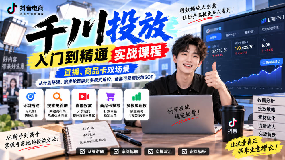 a938d37745d05145159a3726560afa15.jpeg 千川投放入门到精通实战课程,直播、商品卡双场景,从计划搭建、搜索抢首屏到多模式追投,全套可复制投放SOP