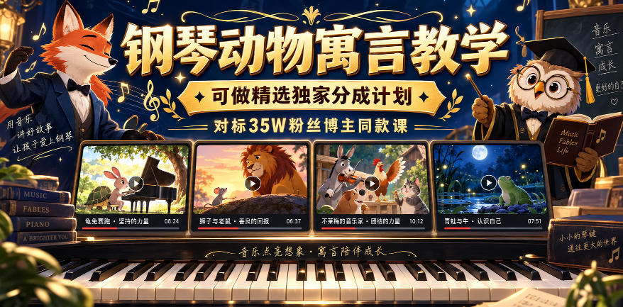 钢琴动物寓言教学，可做精选独家分成计划，对标35W粉丝博主同款课网赚项目-副业赚钱-互联网创业-资源整合老八网赚资源