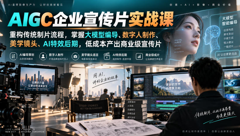 faea51f71e6dbea58c27c5e69e24f6db.jpeg AIGC企业宣传片实战课,重构传统制片流程,掌握大模型编导、数字人制作、美学镜头、AI特效后期,低成本产出商业级宣传片