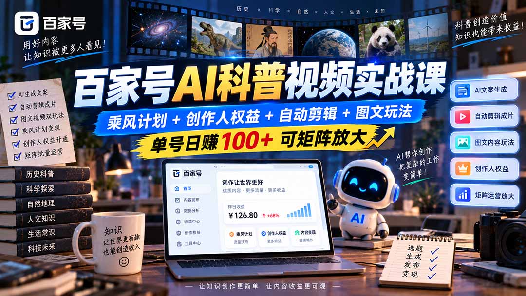 百家号AI科普视频实战课：乘风计划+创作人权益+自动剪辑+图文玩法，单号日赚100+可矩阵放大网赚项目-副业赚钱-互联网创业-资源整合老八网赚资源