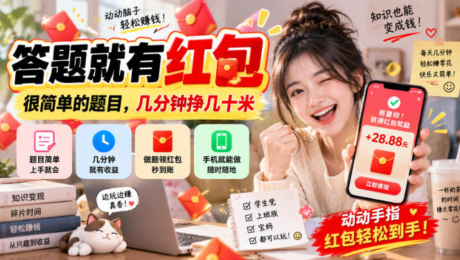 答题就有红包，很简单的题目，几分钟挣几十块，学生党上班族宝妈都可以玩【揭秘】网赚项目-副业赚钱-互联网创业-资源整合老八网赚资源