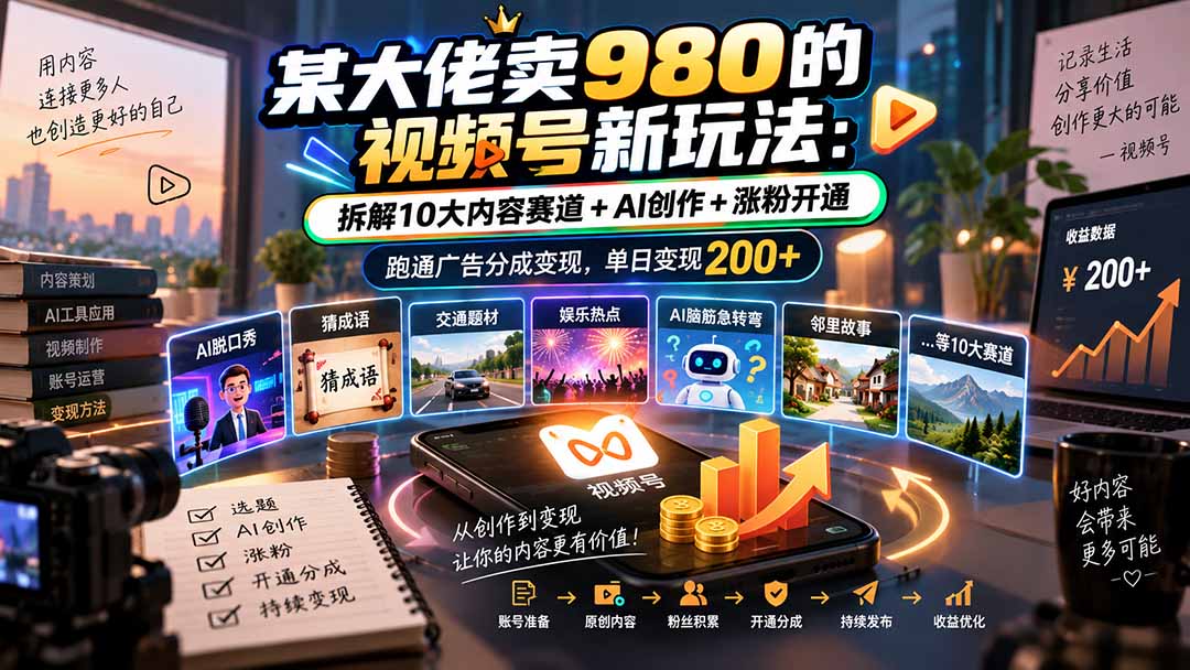某大佬卖980的视频号新玩法：拆解10大内容赛道+AI创作+涨粉开通，跑通广告分成变现，单日变现200+网赚项目-副业赚钱-互联网创业-资源整合老八网赚资源