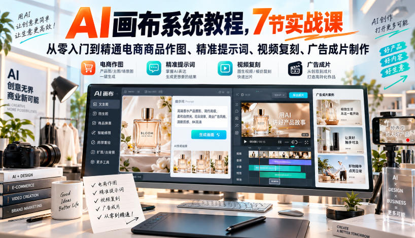 AI画布系统教程，7节实战课从零入门到精通电商商品作图、精准提示词、视频复刻、广告成片制作网赚项目-副业赚钱-互联网创业-资源整合老八网赚资源