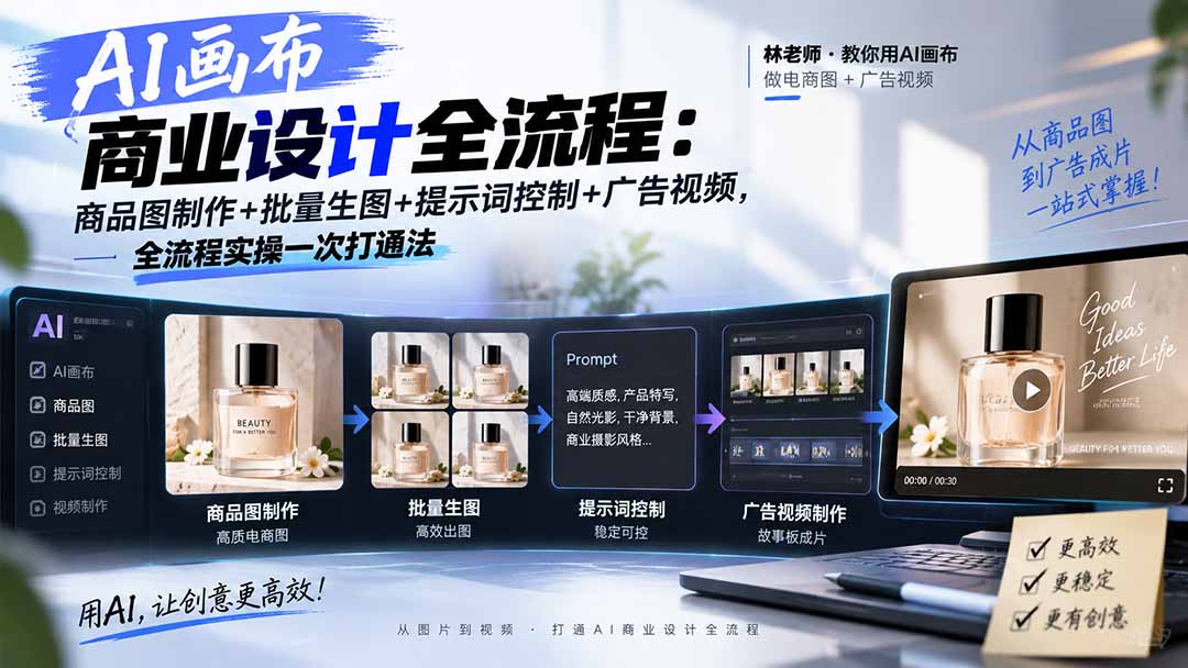 AI画布商业设计全流程：商品图制作+批量生图+提示词控制+广告视频，全流程实操一次打通法网赚项目-副业赚钱-互联网创业-资源整合老八网赚资源