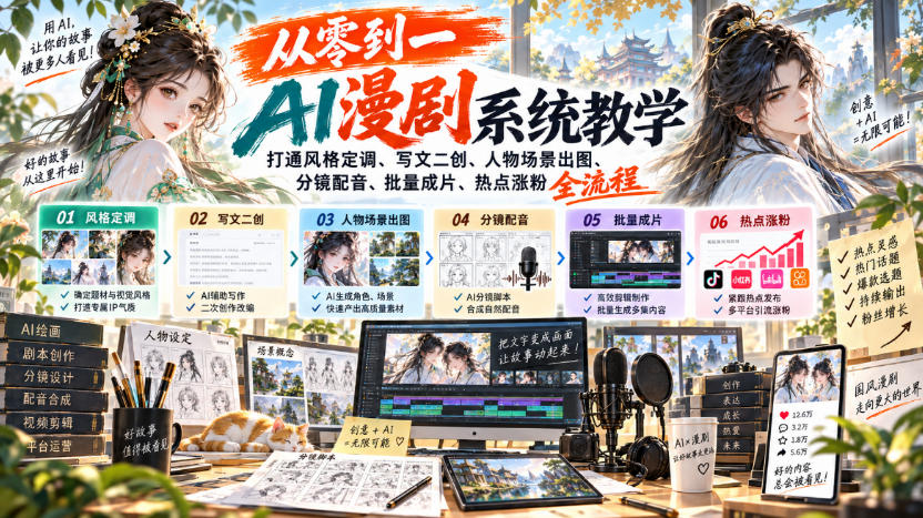 从零到一AI漫剧系统教学，打通风格定调、写文二创、人物场景出图、分镜配音、批量成片、热点涨粉全流程网赚项目-副业赚钱-互联网创业-资源整合老八网赚资源