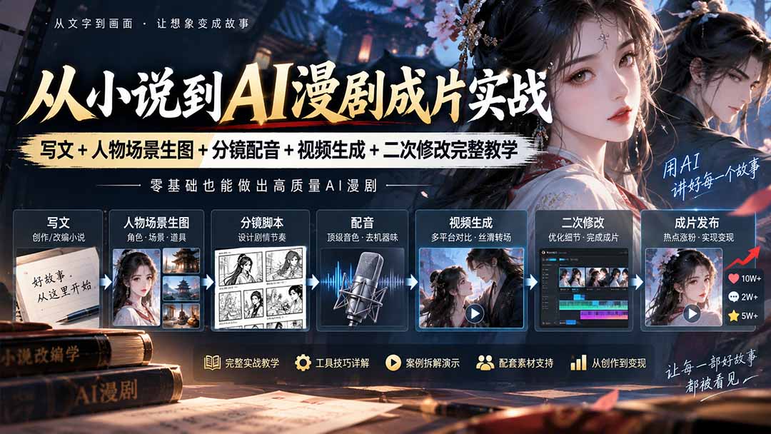 从小说到AI漫剧成片实战：写文+人物场景生图+分镜配音+视频生成+二次修改完整教学网赚项目-副业赚钱-互联网创业-资源整合老八网赚资源