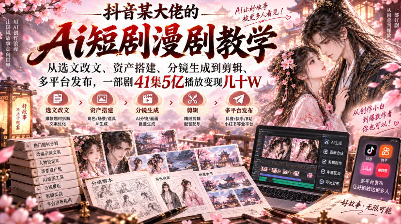 b97242b4fe0ab6e83f3c158a7947a8f1.jpeg 抖音某大佬的Ai短剧漫剧教学,从选文改文、资产搭建、分镜生成到剪辑、多平台发布,一部剧41集5亿播放变现几十W