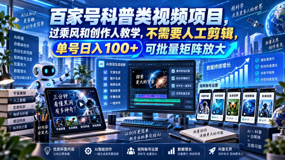 百家号科普类视频项目，过乘风和创作人教学，不需要人工剪辑，单号日入100+可批量矩阵放大网赚项目-副业赚钱-互联网创业-资源整合老八网赚资源