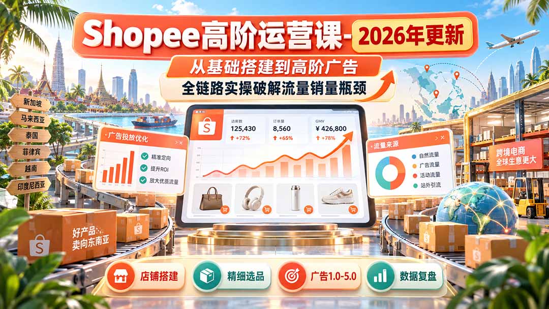 Shopee高阶运营课-更新9月，从基础搭建到高阶广告，全链路实操破解流量销量瓶颈网赚项目-副业赚钱-互联网创业-资源整合老八网赚资源
