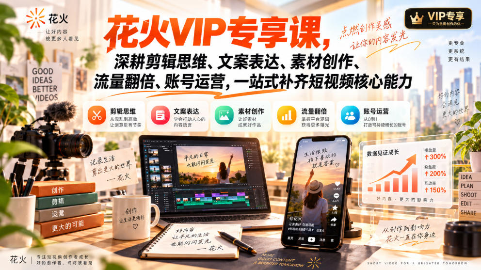 花火VIP专享课，深耕剪辑思维、文案表达、素材创作、流量翻倍、账号运营，一站式补齐短视频核心能力网赚项目-副业赚钱-互联网创业-资源整合老八网赚资源