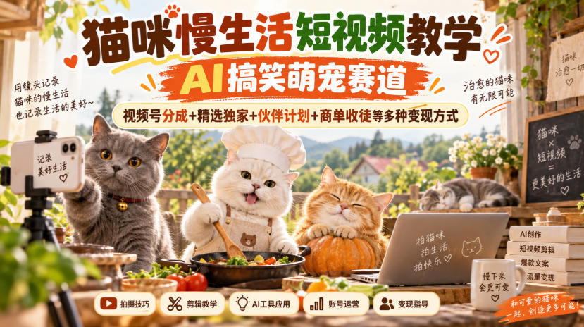 4a530c232a8acfc34528ef9f146a2cad.jpeg 猫咪慢生活短视频教学,AI搞笑萌宠赛道,视频号分成+精选独家+伙伴计划+商单收徒等多种变现方式