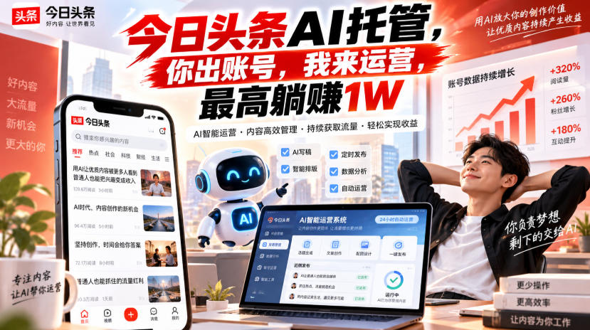 今日头条AI托管，你出账号，我来运营，最高躺賺1W【揭秘】网赚项目-副业赚钱-互联网创业-资源整合老八网赚资源