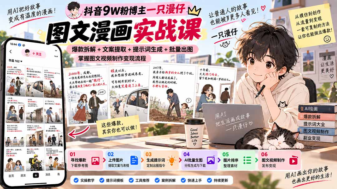 6a5be09fa26440a37c886655b3c04cd6.jpeg 抖音9W粉博主一只漫仔图文漫画课:爆款拆解+文案提取+提示词生成+批量出图,掌握图文视频制作变现流程
