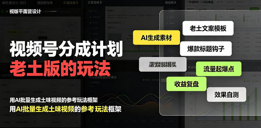 视频号分成计划老土版的玩法，流量爆炸，每天收益300+，纯靠AI生成，越土的玩法，越高级网赚项目-副业赚钱-互联网创业-资源整合老八网赚资源