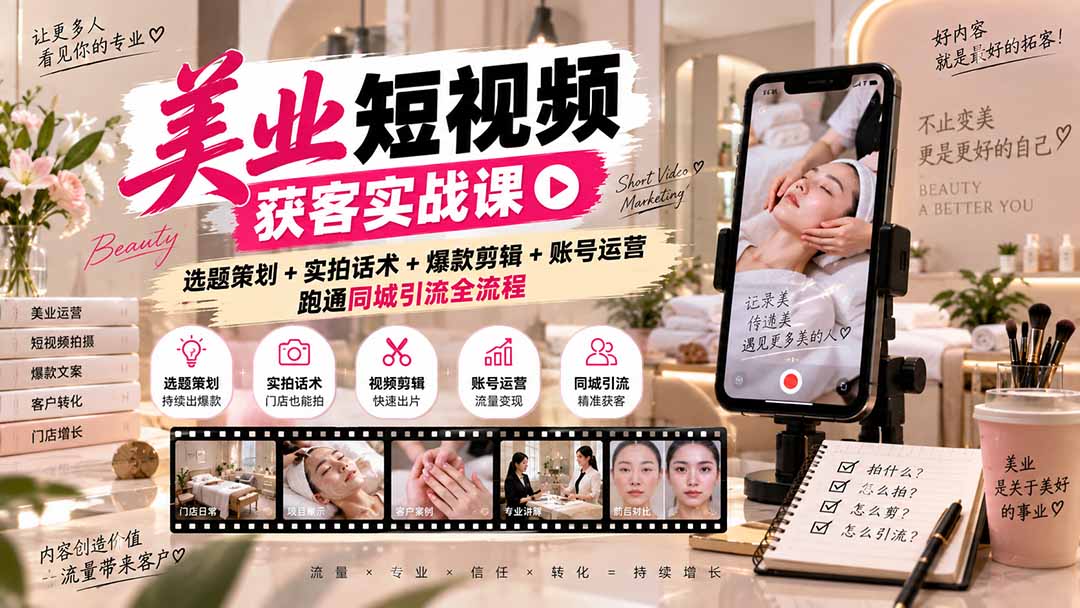 美业短视频获客实战课-无水印：选题策划+实拍话术+爆款剪辑+账号运营，跑通同城引流全流程网赚项目-副业赚钱-互联网创业-资源整合老八网赚资源