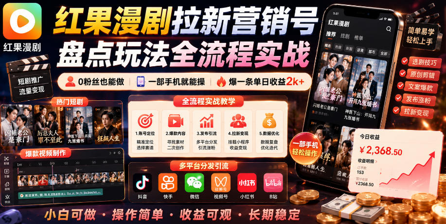 红果漫剧拉新营销号盘点玩法全流程实战，0粉丝也能做，一部手机就能做，爆一条单日收益2k+(更新0922)网赚项目-副业赚钱-互联网创业-资源整合老八网赚资源