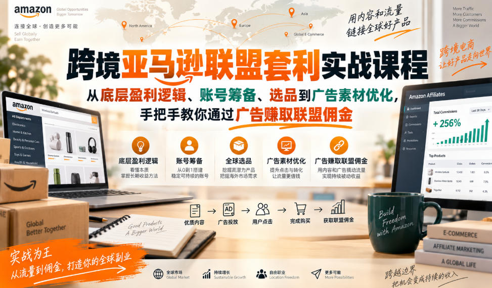 跨境亚马逊联盟套利实战课程，从底层盈利逻辑、账号筹备、选品到广告素材优化，手把手教你通过广告賺取联盟佣金网赚项目-副业赚钱-互联网创业-资源整合老八网赚资源