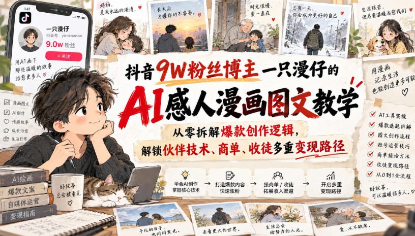 da6661817ae85e4444aa5ab0b3db0328.jpeg 抖音9W粉丝博主一只漫仔的AI感人漫画图文教学,从零拆解爆款创作逻辑,解锁伙伴技术、商单、收徒多重变现路径
