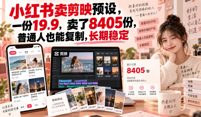 小红书卖剪映预设，一份19.9，卖了8405份，普通人也能复制，长期稳定网赚项目-副业赚钱-互联网创业-资源整合老八网赚资源
