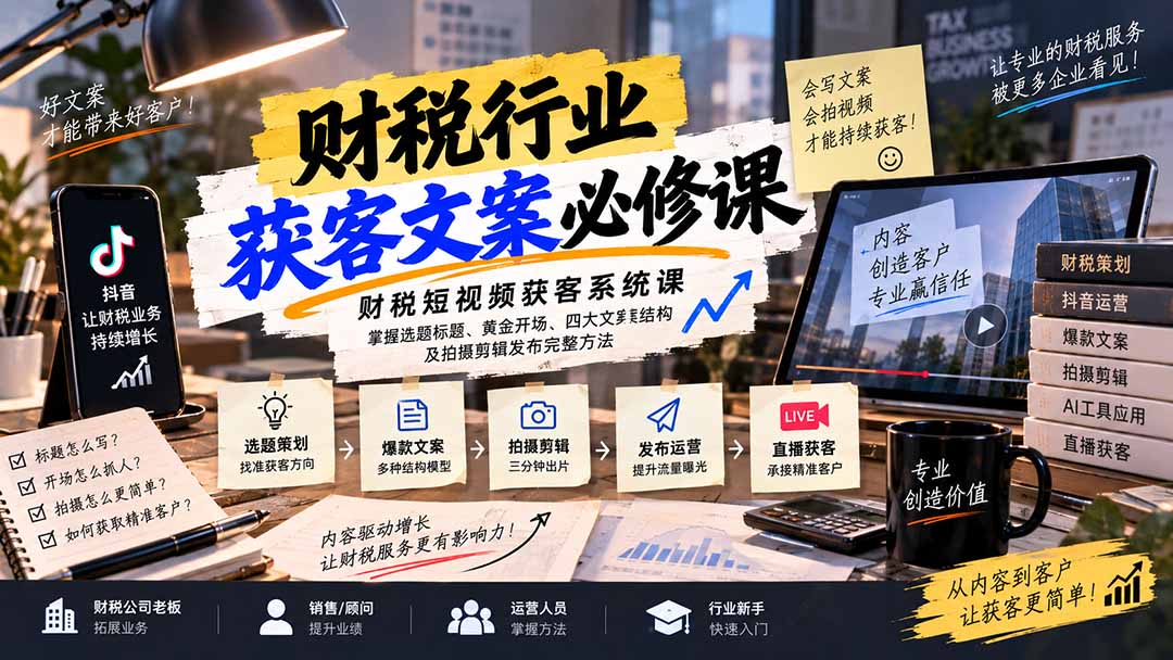 e2f045016bb10b7e03551f32ebe7c7ec.jpeg 财税短视频获客系统课:掌握选题标题、黄金开场、四大文案结构及拍摄剪辑发布完整方法