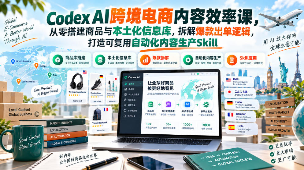 Codex AI跨境电商内容效率课，从零搭建商品与本土化信息库，拆解爆款出单逻辑，打造可复用自动化内容生产Skill网赚项目-副业赚钱-互联网创业-资源整合老八网赚资源