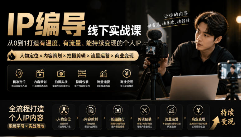 【无水印】IP编导线下实战课，从人物定位到短视频拍摄剪辑，全流程打造有温度、有流量、能持续变现的个人IP内容网赚项目-副业赚钱-互联网创业-资源整合老八网赚资源
