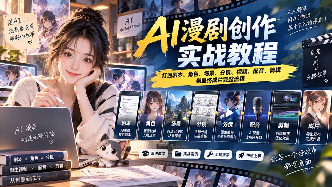 327f447b1337d1f8b35176d4f360ff7c.jpeg 2026 AI漫剧创作实战教程:打通剧本、角色、场景、分镜、视频、配音、剪辑到最终成片完整流程